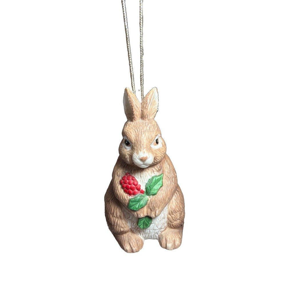 Vintage Christmas Traditions Bunny Rabbit Bell Ornament Ceramic Holly Berry